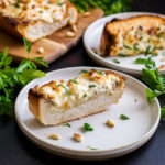 A small plate with a slice of garlic toast topped with cream cheese and parsley