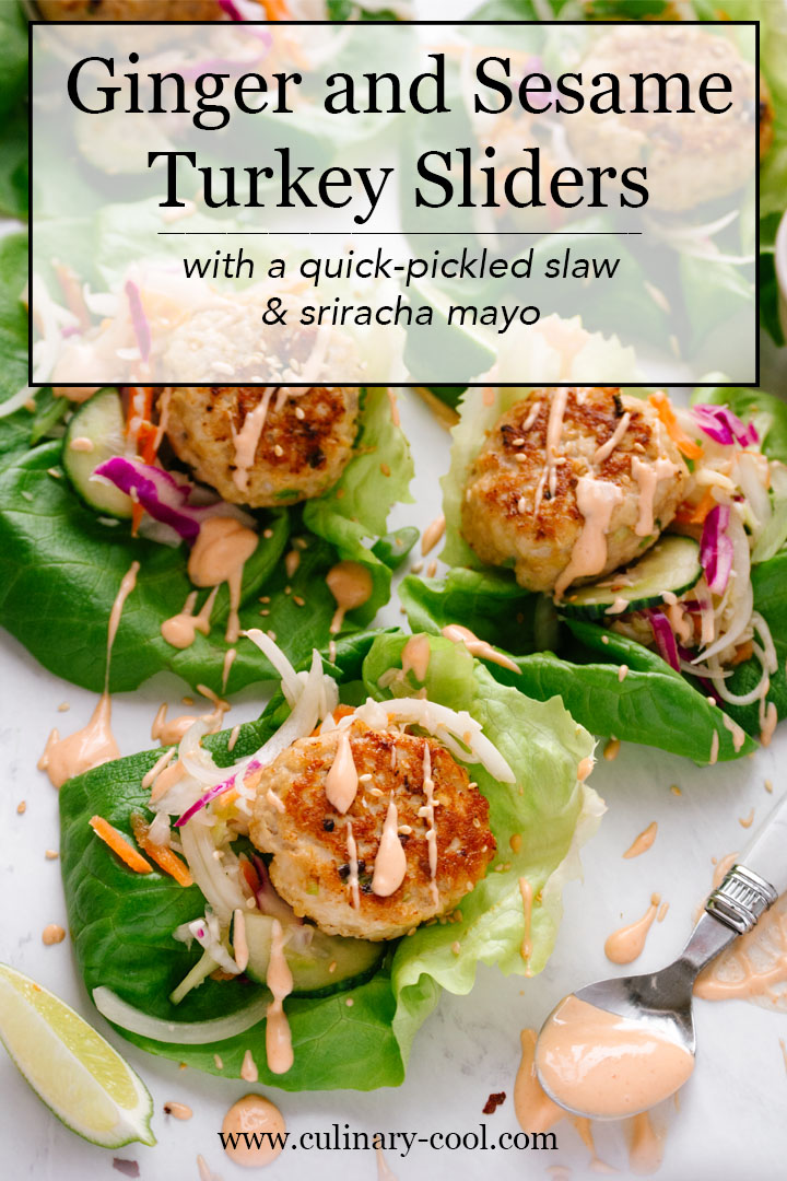 Ginger and Sesame Turkey Sliders w/ a quick-pickled slaw and sriracha mayo | Culinary Cool